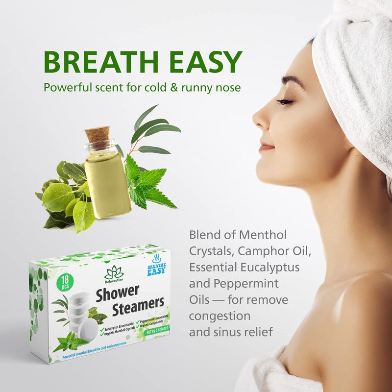 Relaxcation صنع في الولايات المتحدة - 18 قرص بخار للاستحمام قوي جداً لتخفيف احتقان الجيوب الأنفية - العلاج بالروائح في السبا، قنابل الاستحمام - بلورات المنثول، الكافور وزيوت الأوكاليبتوس الأساسية - تأثير طويل الأمد - Image 3